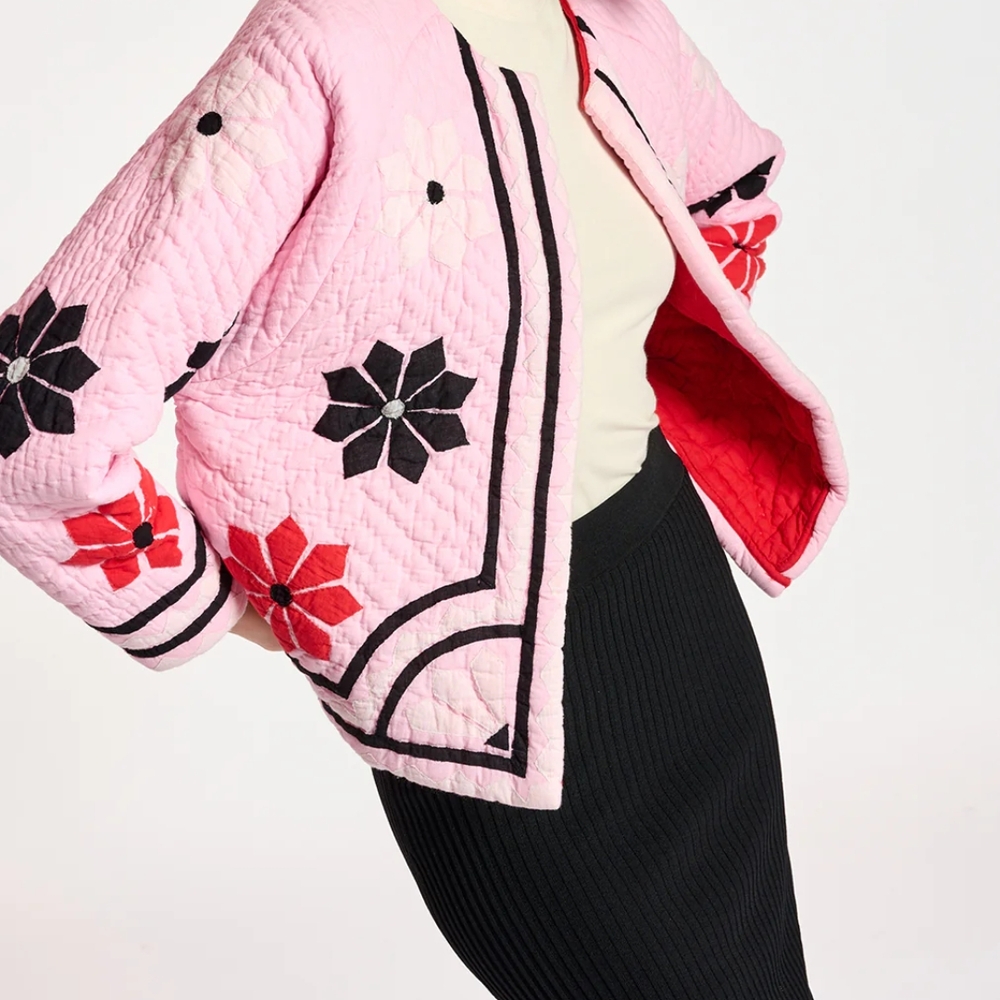Essentiel Antwerp Jacket Pink Flowers Quilted Open Front, Size: S